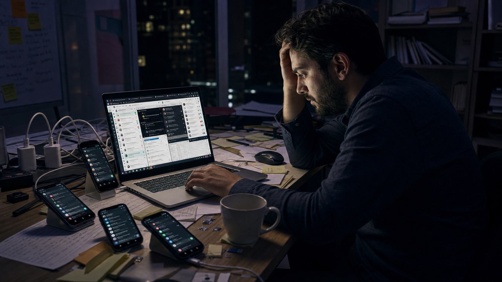 Vendedor cansado em escritorio noturno com notebook, varios celulares, cabos, chips e conversas de WhatsApp fora de controle